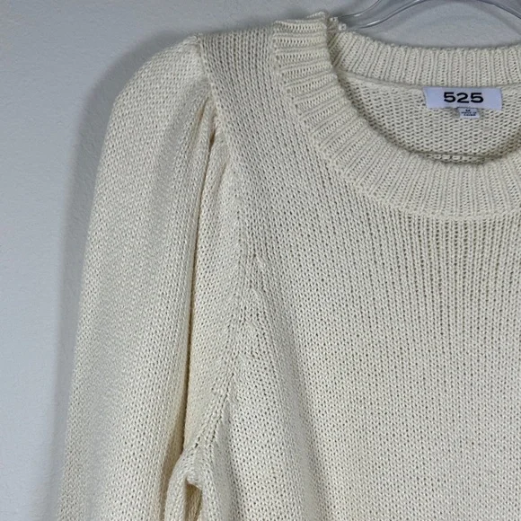 525 America Ivory Cotton Puff Sleeve Sweater Knit Pullover Cozy Chic Size M - Picture 3 of 8